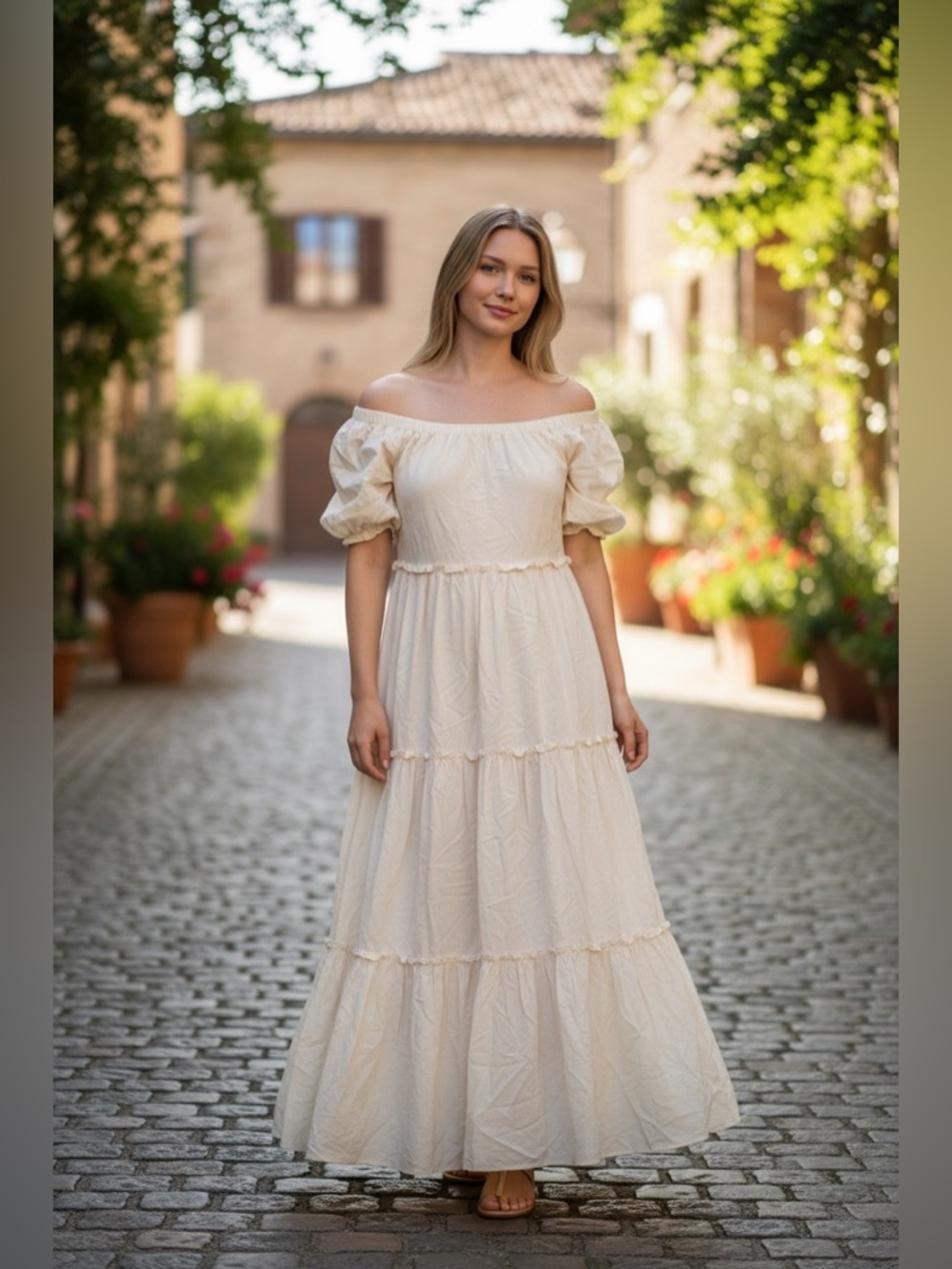 Fore Off-Shoulder Tiered Maxi Dress in Cream | New without Tags